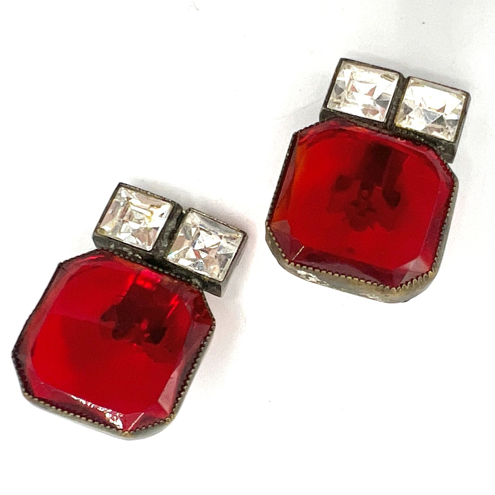 Vtg Art Deco Style Red Glass & Clear Crystal Clip-On Earrings Dramatic Geometric