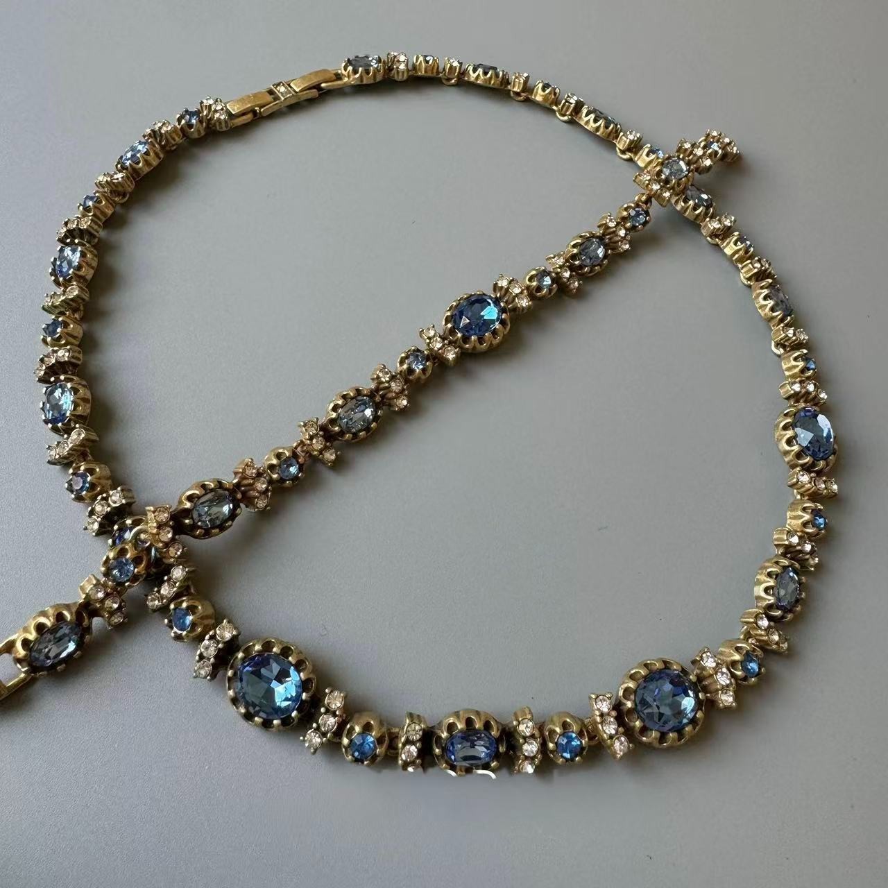 Vintage Blue Rhinestone Necklace & Bracelet Gold Tone StatementVictorian Style