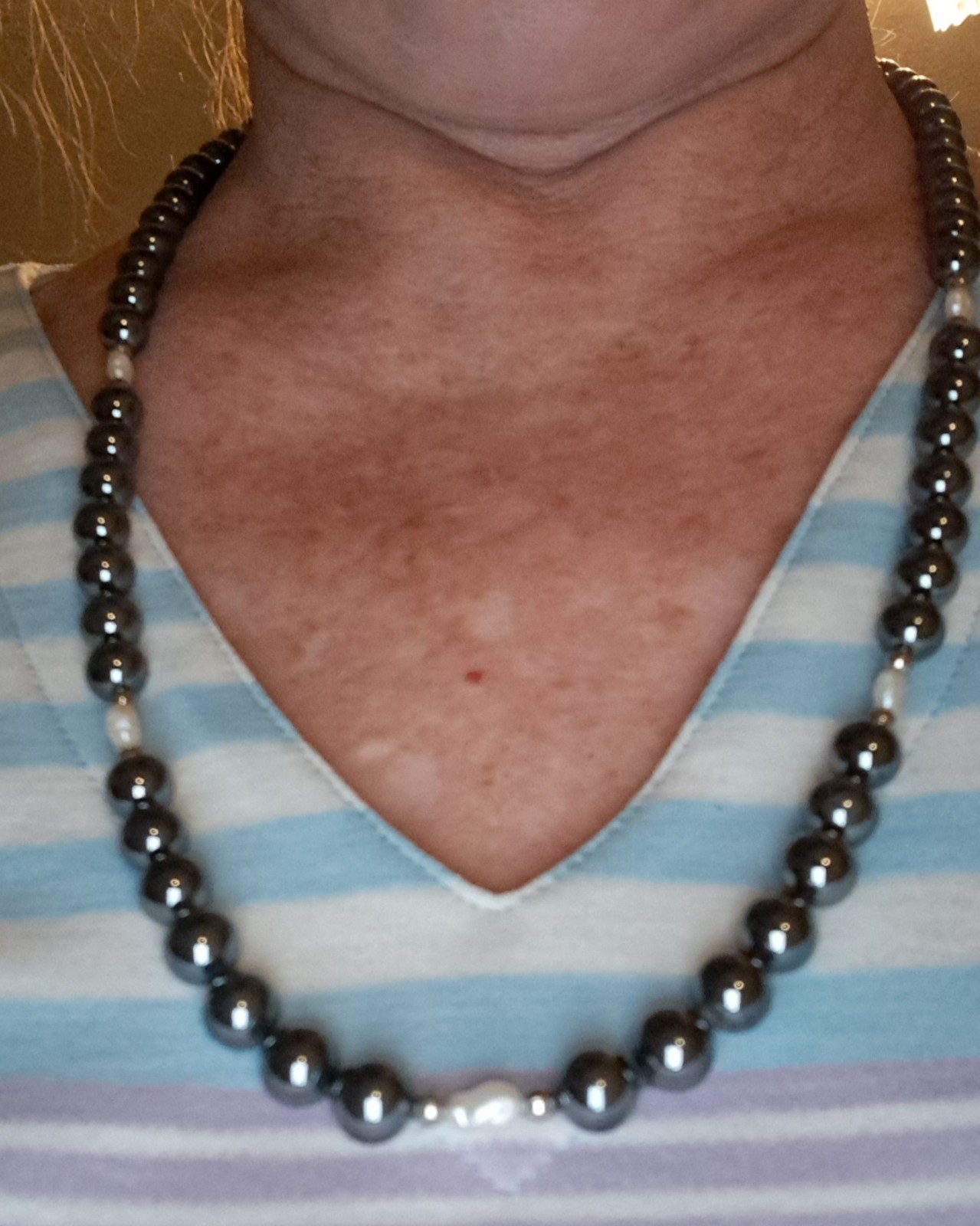 Hematite & Freshwater Pearl Necklace 25” Baroque Beaded Black Gray Class Vintage