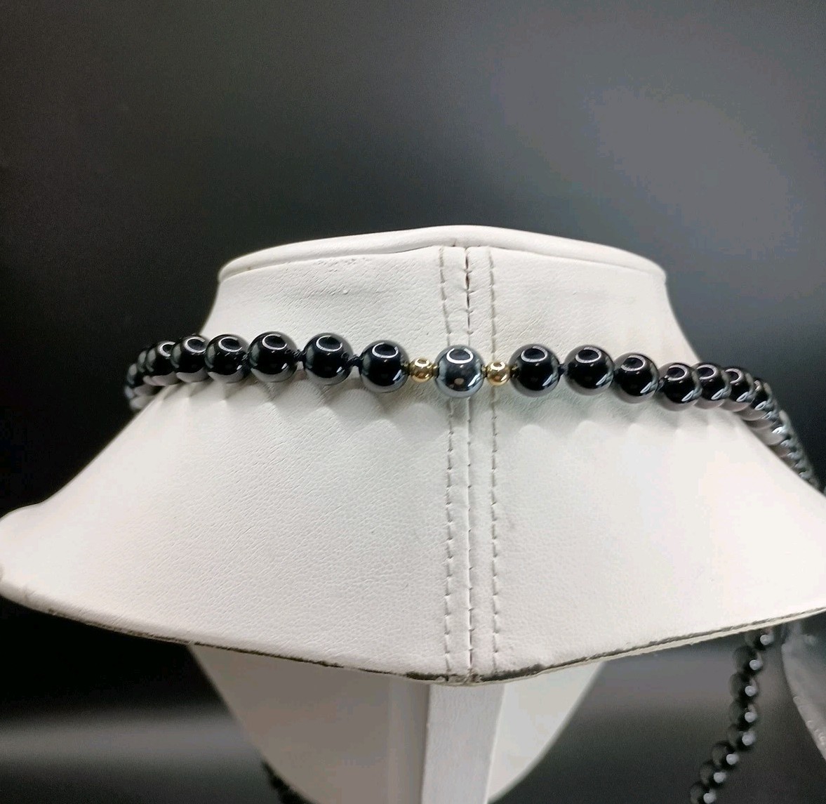 Black Onyx & Hematite Beaded Necklace Polished Gemstone 30″ Gold Tone Accents