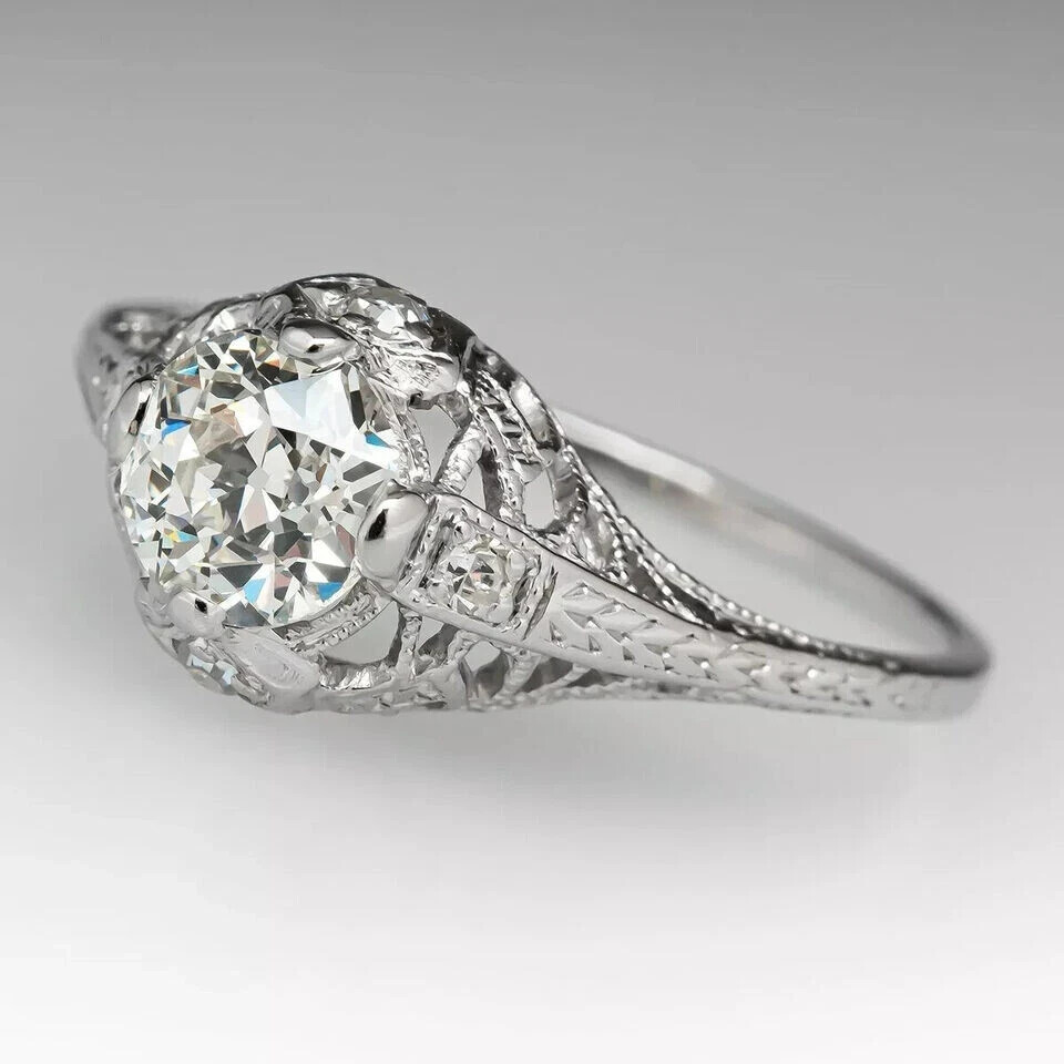 Art Deco Vintage Style Round Lab Created Diamond Wedding Ring 14K White Gold FN