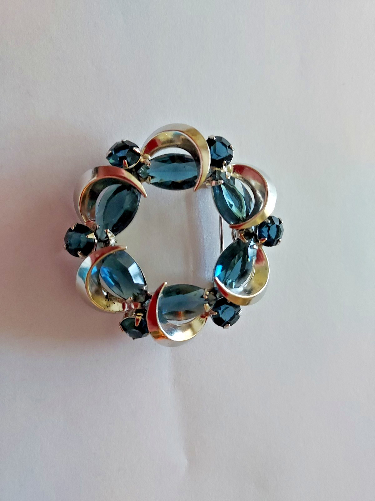 Blue Rhinestone Brooch Open Work Half Moon Circle Prong Set Vintage Pin