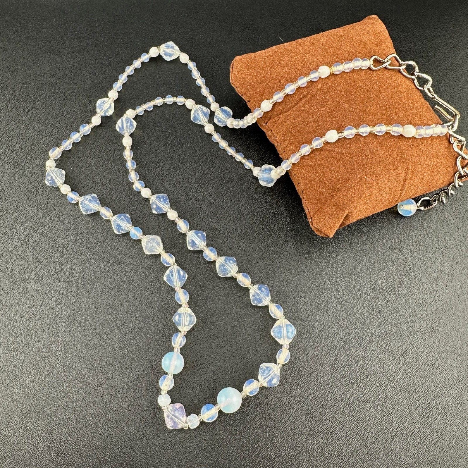 Vintage Opalite Glass Bead Necklace 31″ Faceted Round Hook Clasp Adjustable