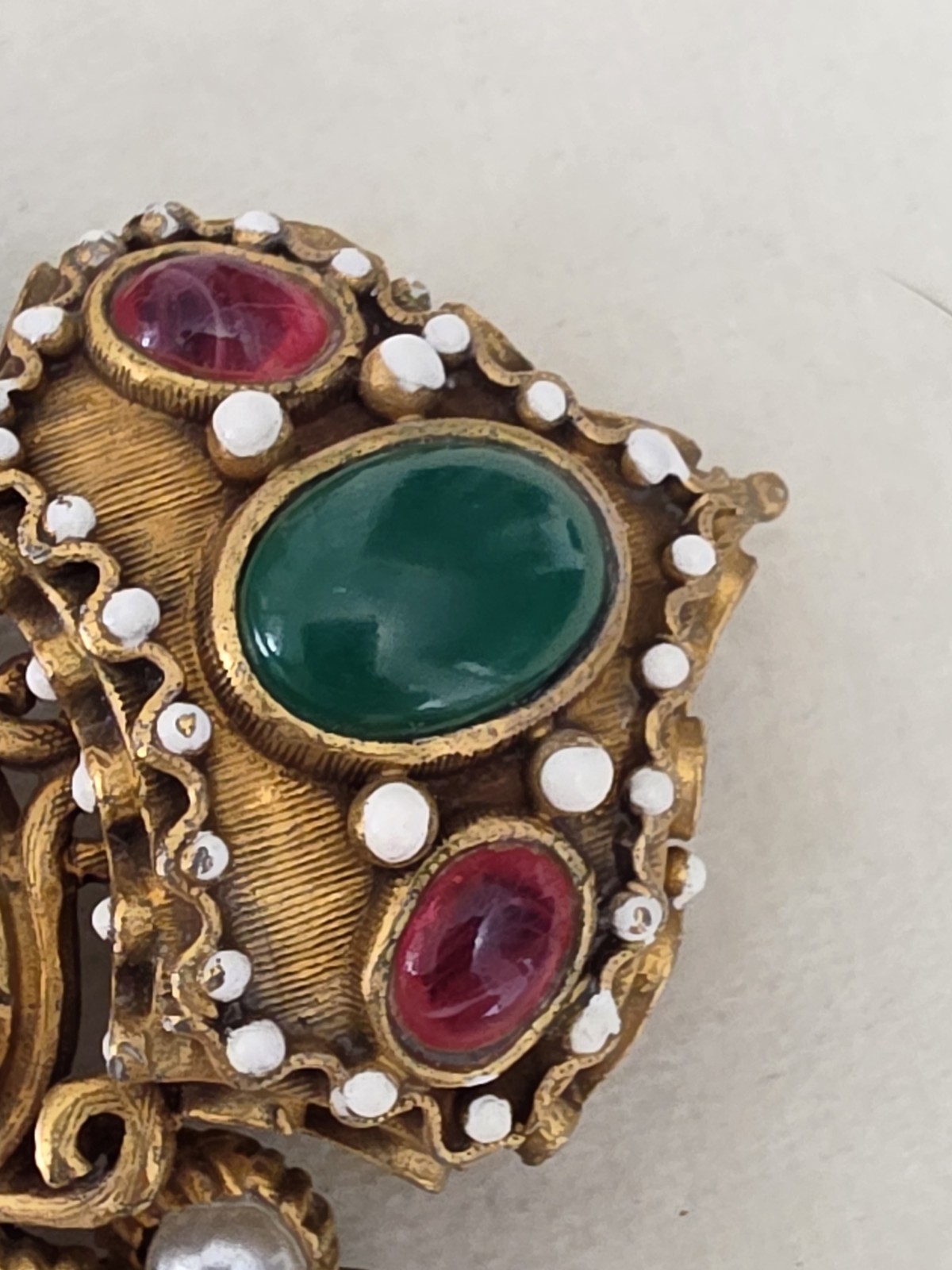 Vtg Signed KJL Jewels of India Mughal Crown Brooch Pendant Green Cabochon Rare