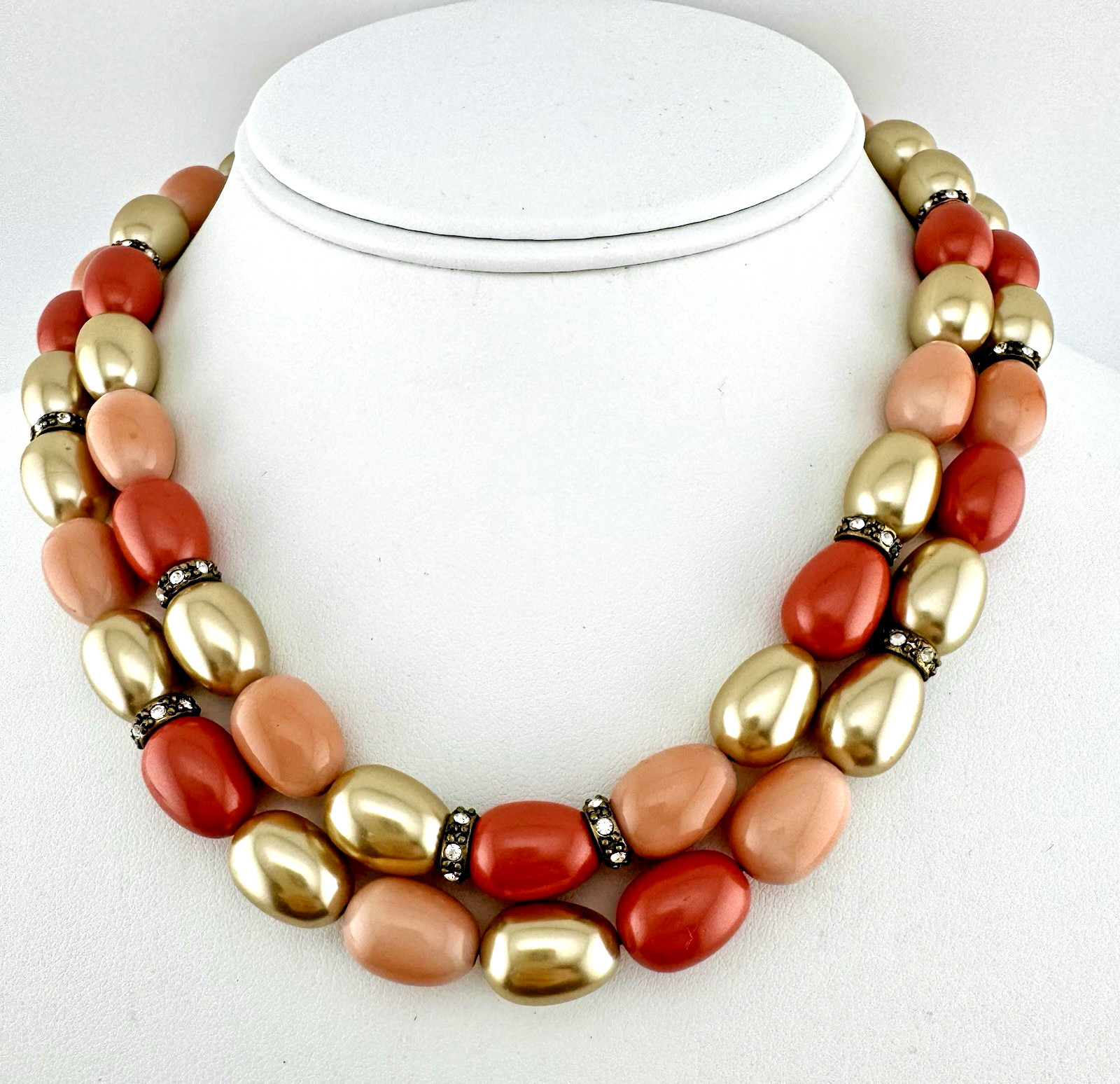 Monet Multi Strand Glass Bead Necklace Coral Pink Gold Statement Choker