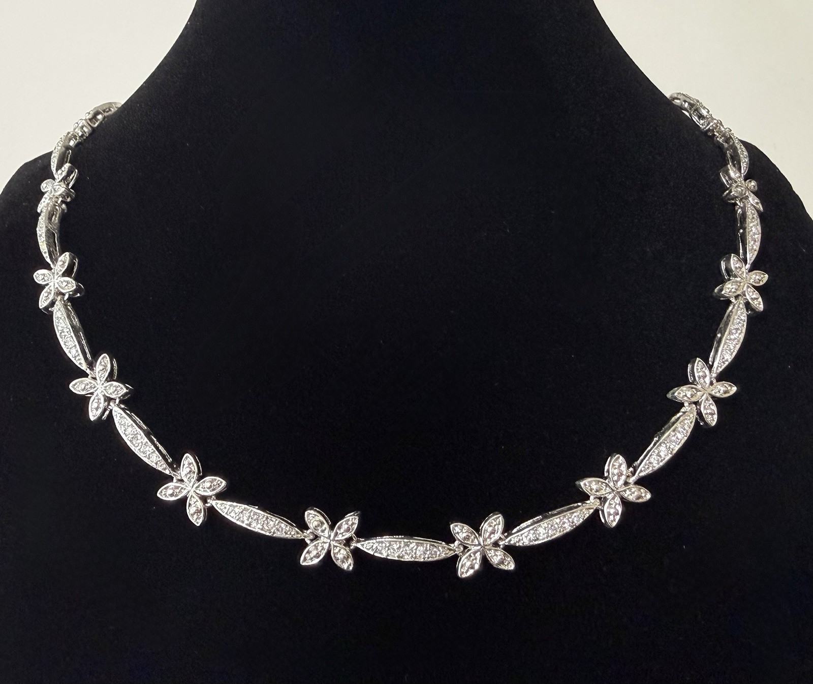 Vintage LD 925 Sterling Silver Crystal Floral Link Necklace 18” Bridal Wedding