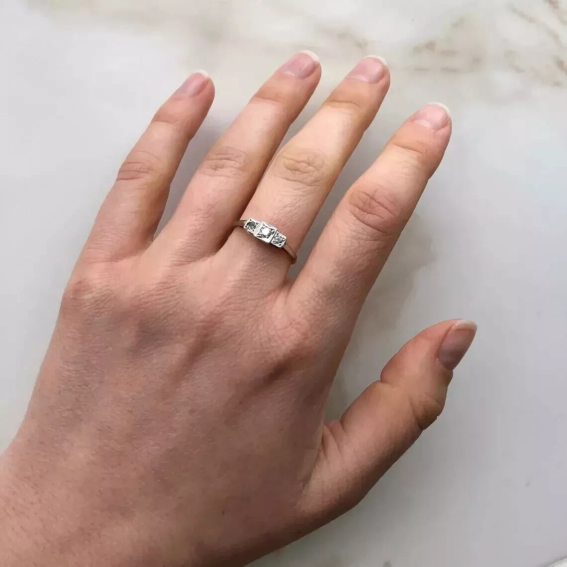 Art Deco Style Three-Stone Round Lab Created 14K Gold FN Engagement Ring