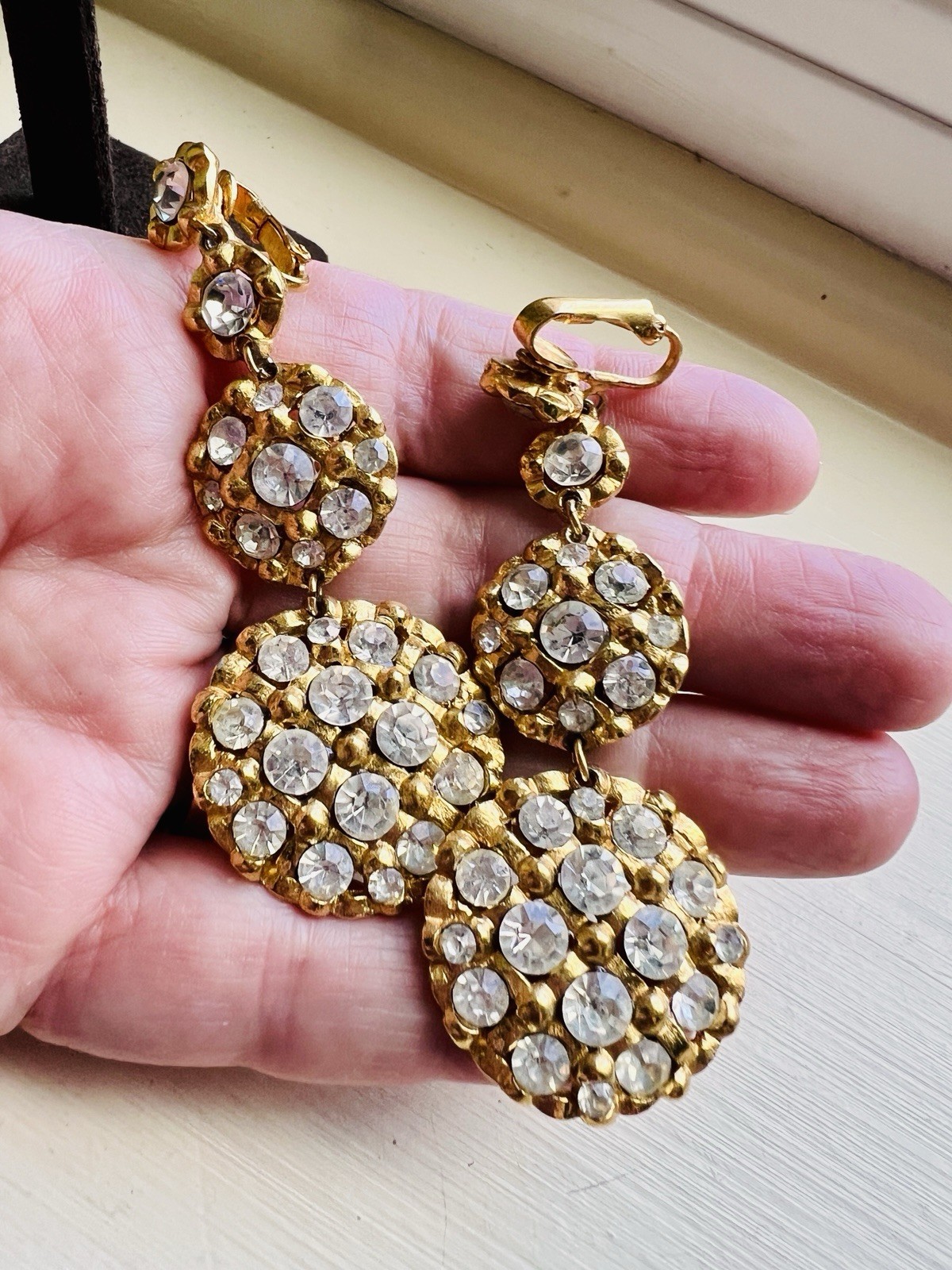 Kramer Gold Tone Rhinestone Drop Clip Earrings Vintage Signed Kramer Statement