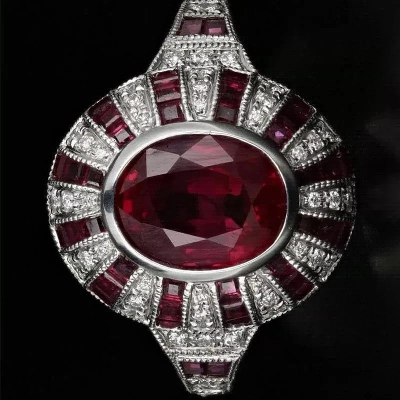 2.8Ct Art Deco Style Oval Red Lab Created Ruby Engagement 14K White Gold FN Ring