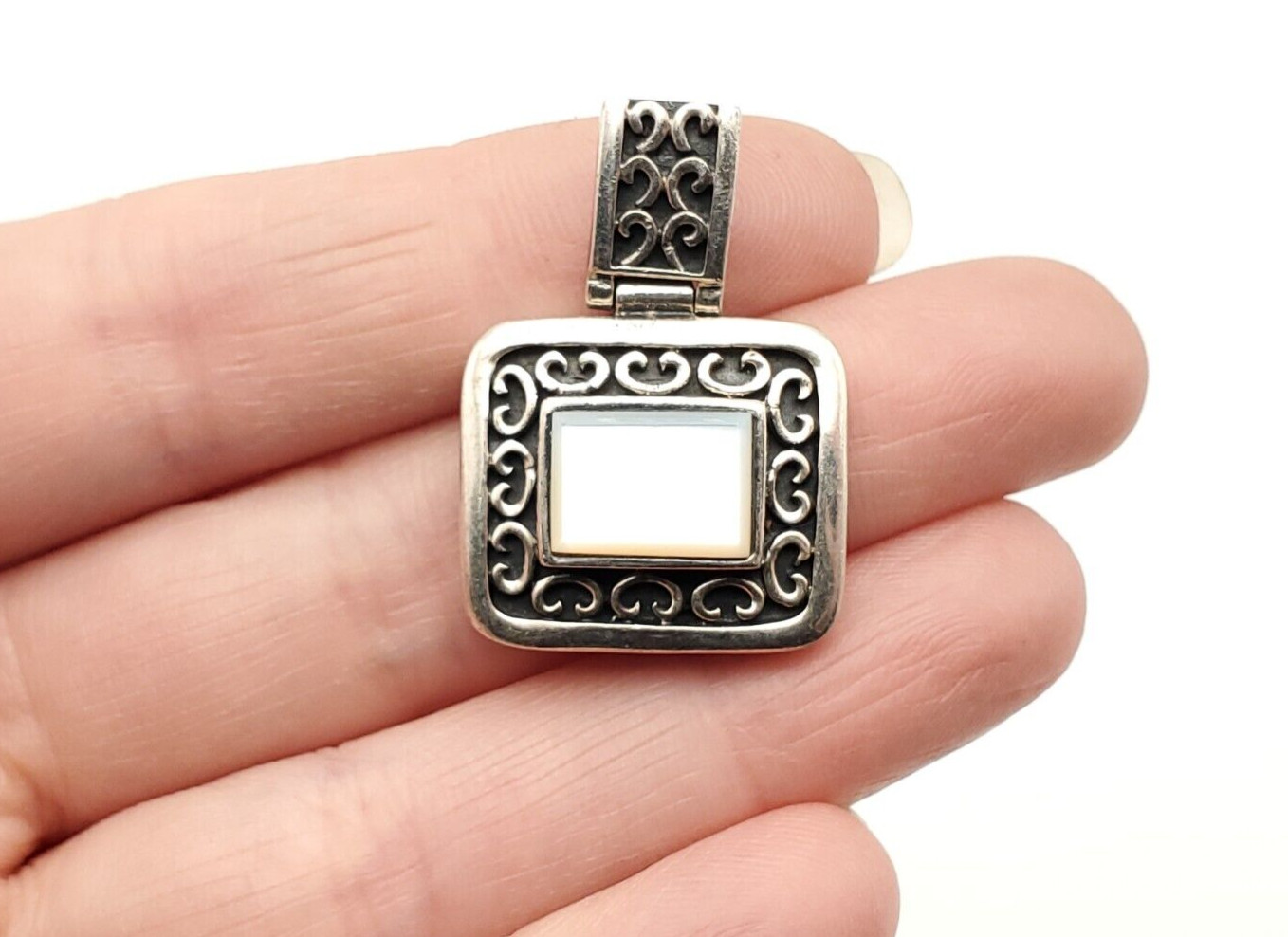 Vintage Sterling Silver Mother of Pearl Filigree Hinged Square Rectangle Pendant
