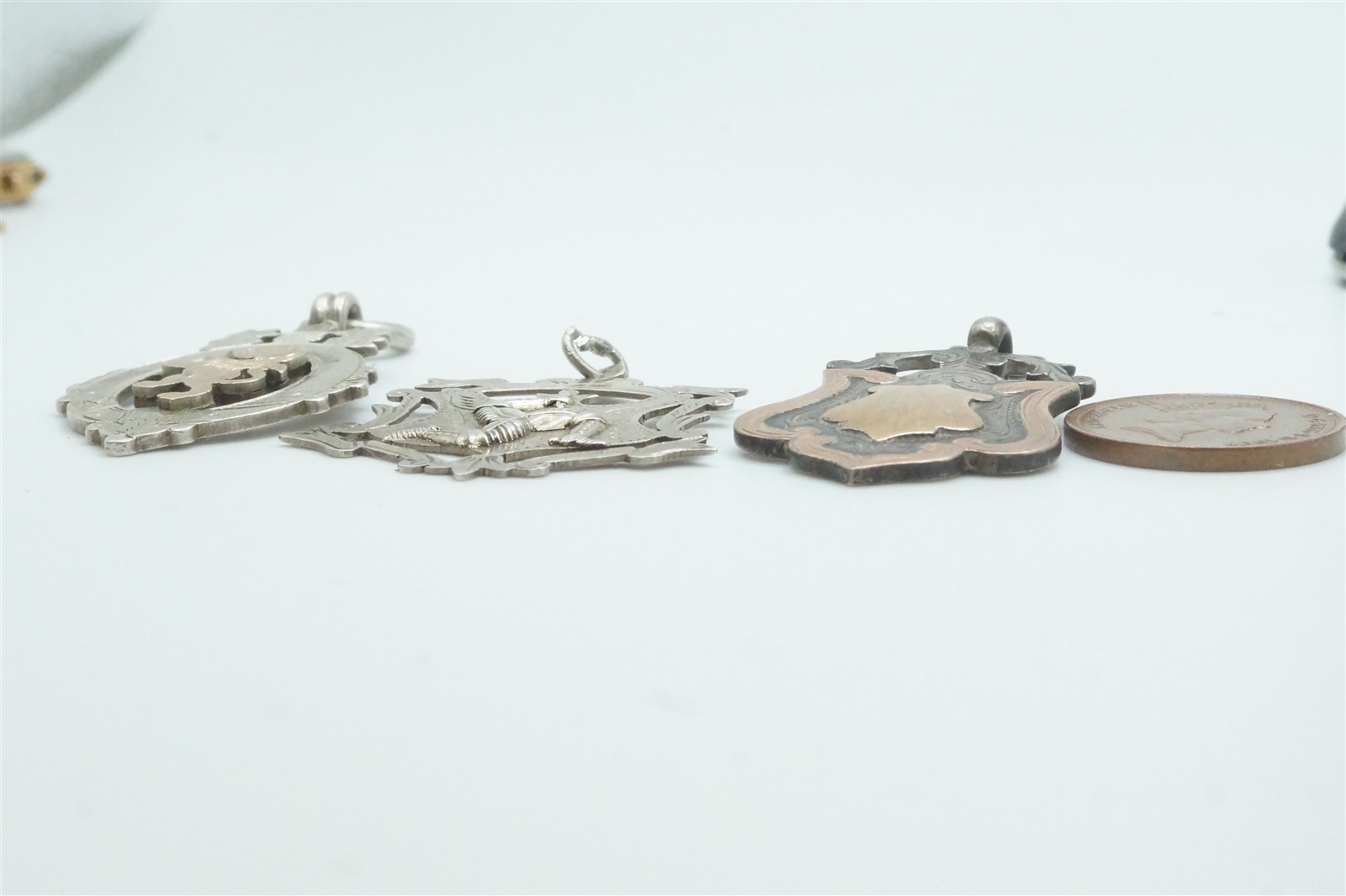 3 x ANTIQUE ENGLISH STERLING SILVER GOLD SHIELD FOB MEDALS / DOG TAGS