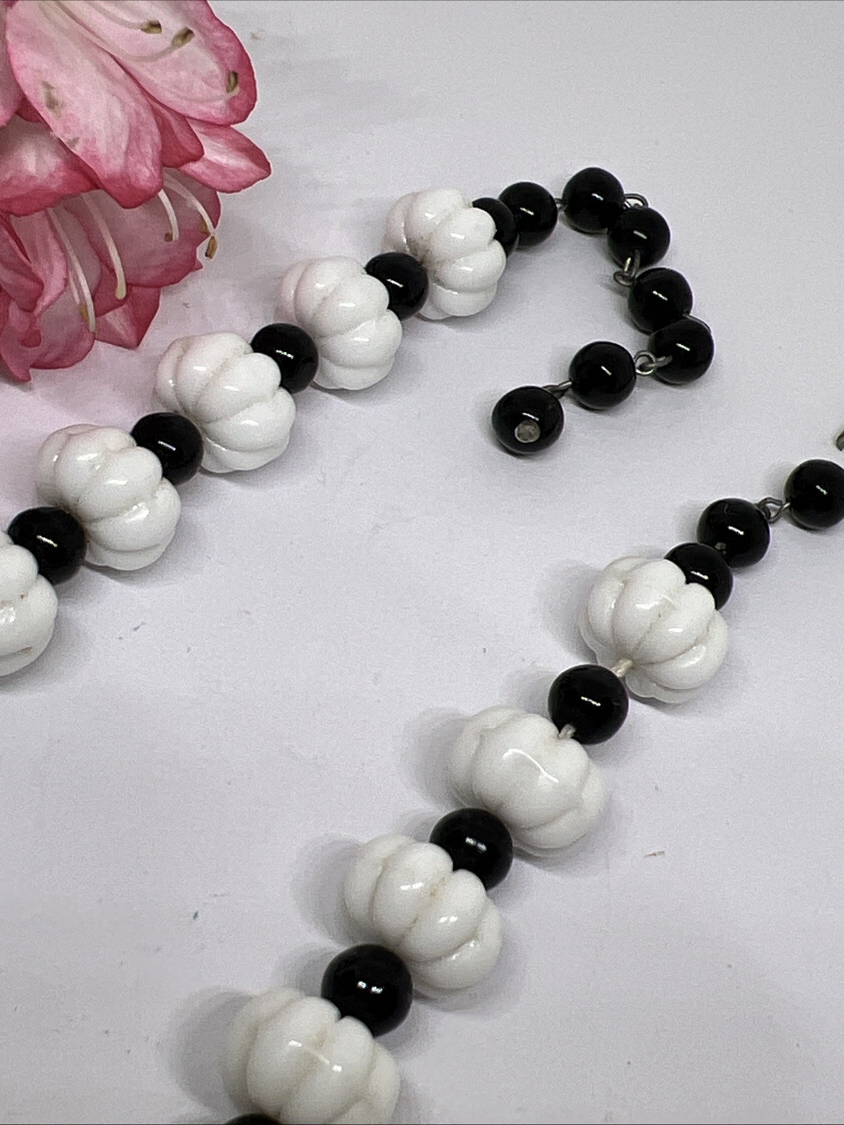 Signed GERMANY Mid-Century Milk Glass & Jet Black Bead Choker 16” Necklace