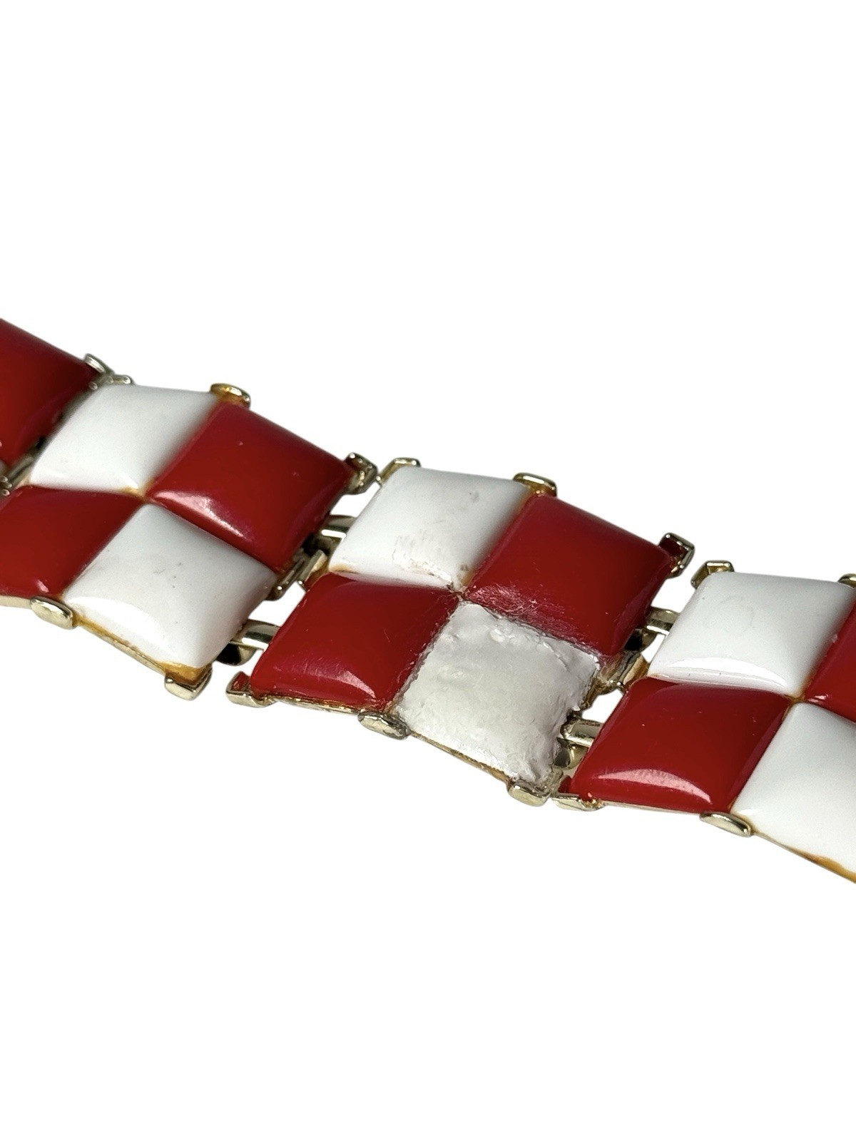Vintage KRAMER NY Red & White Square Cabochon Checkers Link Bracelet Gold Tone