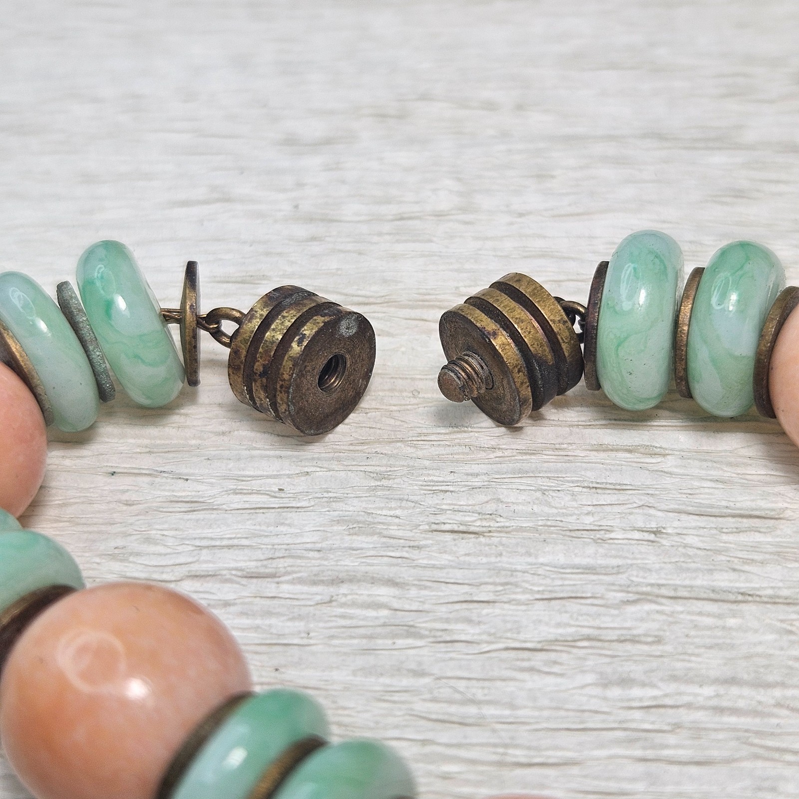 Confirmed ROUSSELET Peach & UV Marbled Green w Brass Discs Glass Bead Necklace