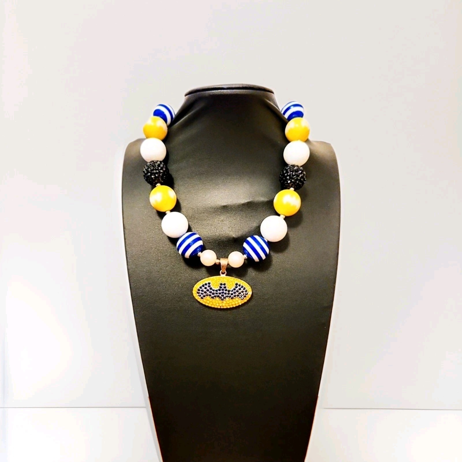 Vintage Authentic Batman Round Blue Yellow White Beaded Necklace With Pendant