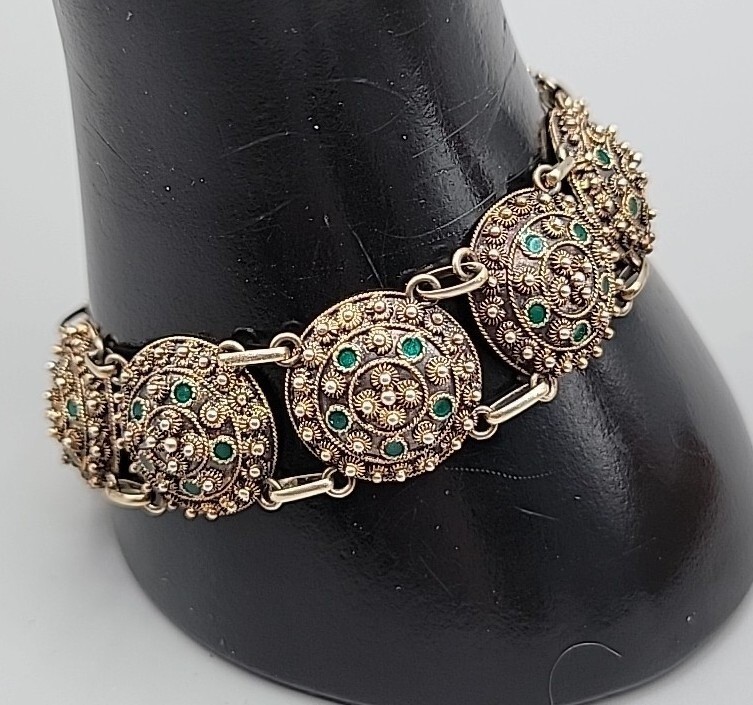 Antique Dutch 833 Silver Filigree Bracelet Green Glass Art Deco S-Hertogenbosch