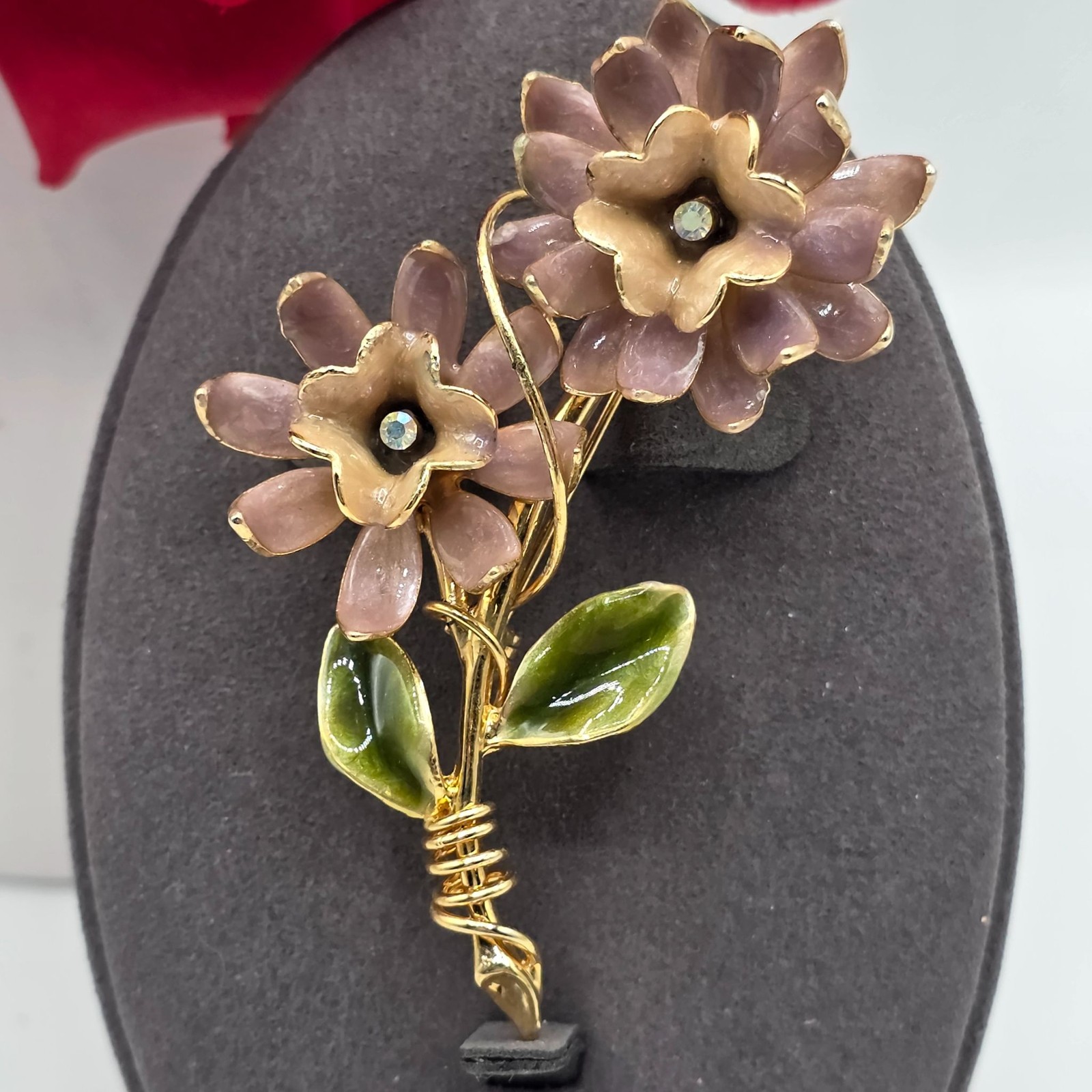 Vintage Enamel Flower Brooch Gold Tone Two Tone Petals Rhinestone Accent Jewelry