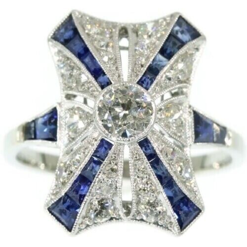 Art Deco 2Ct Sapphire & Lab Created Diamond Birthday 14K White Gold Filled Ring