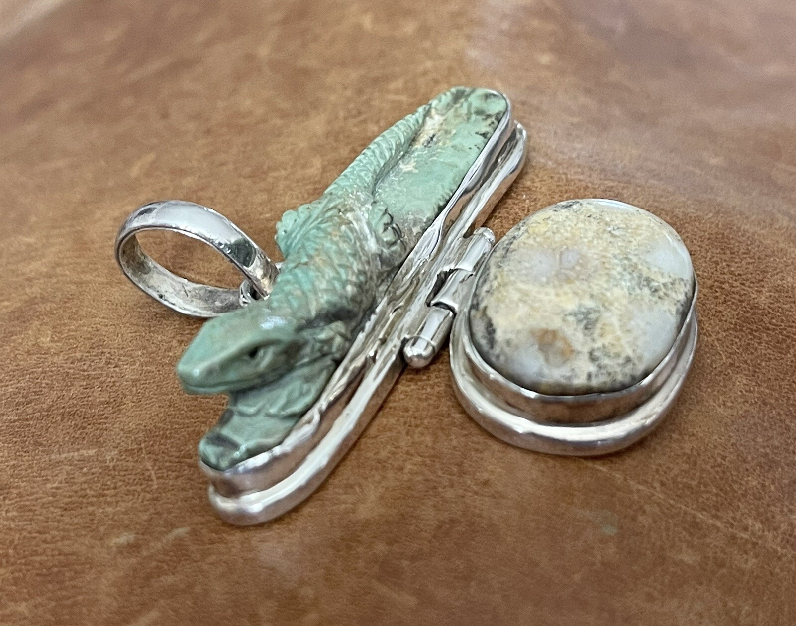 Vintage 925 Green Turquoise, Jasper Artist Created Lizard Motif Large Pendant