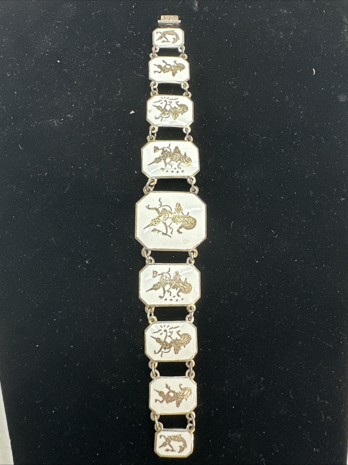 Vintage Siam Sterling Silver White Enamel Dancer Panel Bracelet 32g