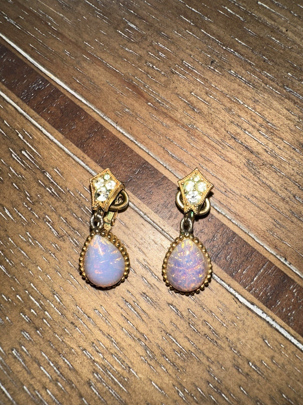 Vintage rare Crown Trifari Pave Rhinestones & Faux Opal Dangle Clip Earrings