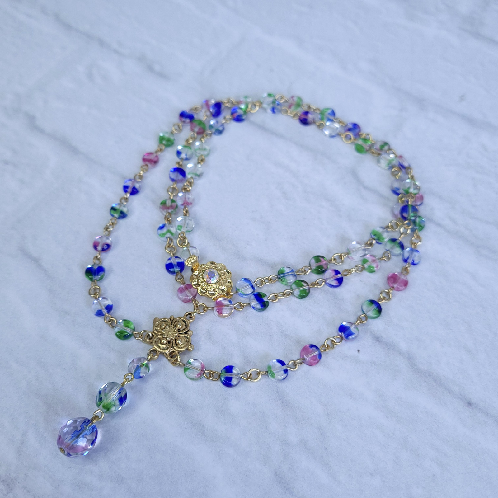 Iris Glass Necklace 18” Multicolor Czech Vintage Beads Women`s Jewelry