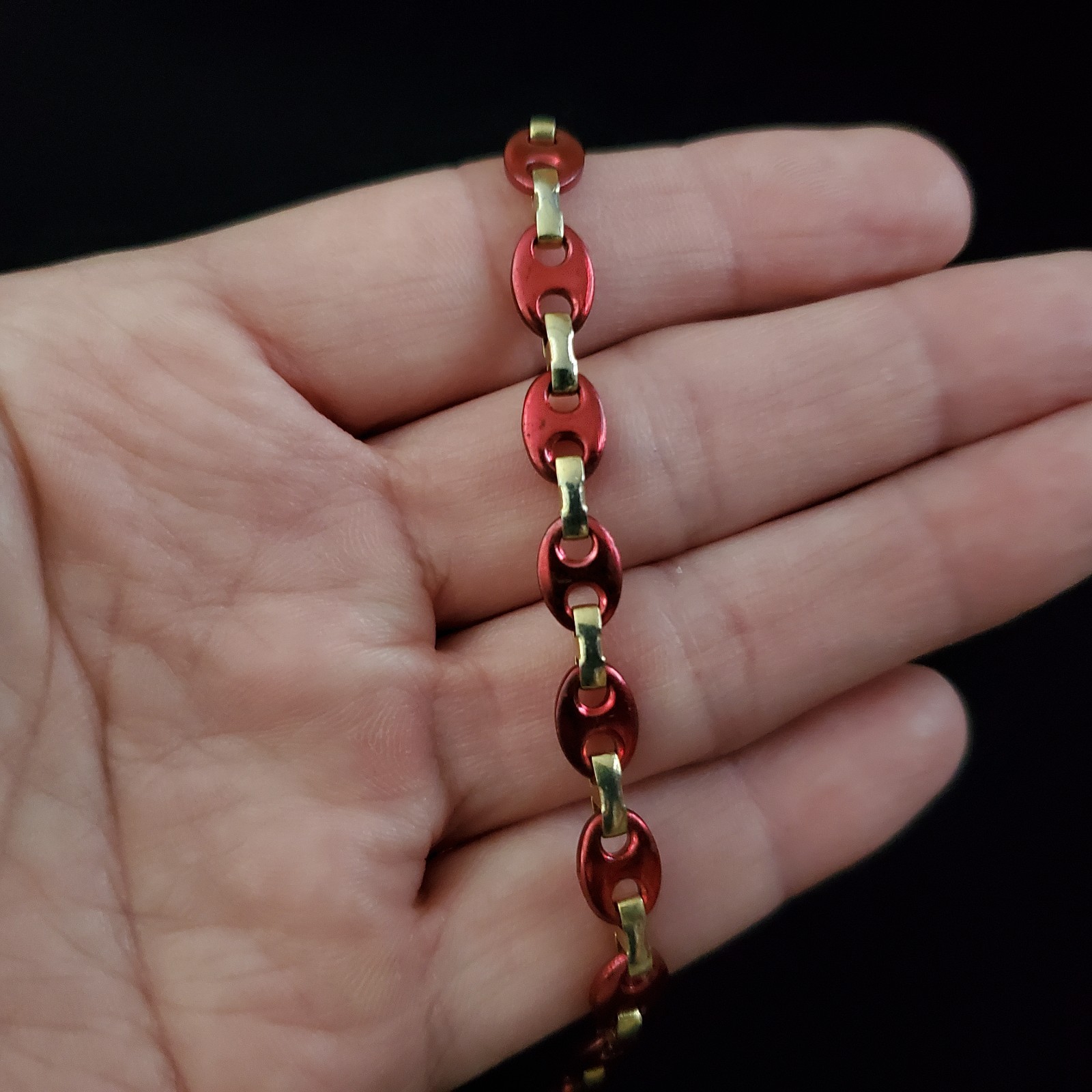 Vintage Anchor Chain Necklace Choker Gold Tone Red 14.5″