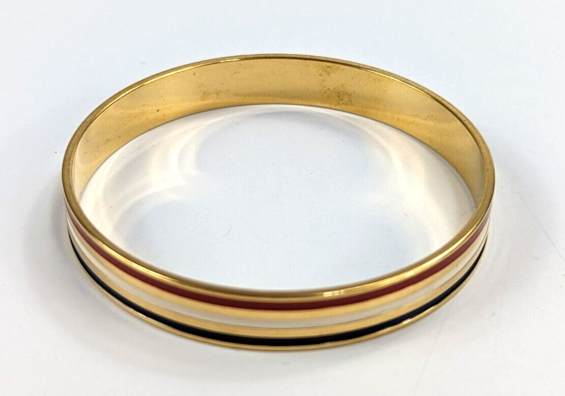 Vintage Polished Gold Tone Red White & Blue Enamel Stripe Bangle Bracelet 2.5″