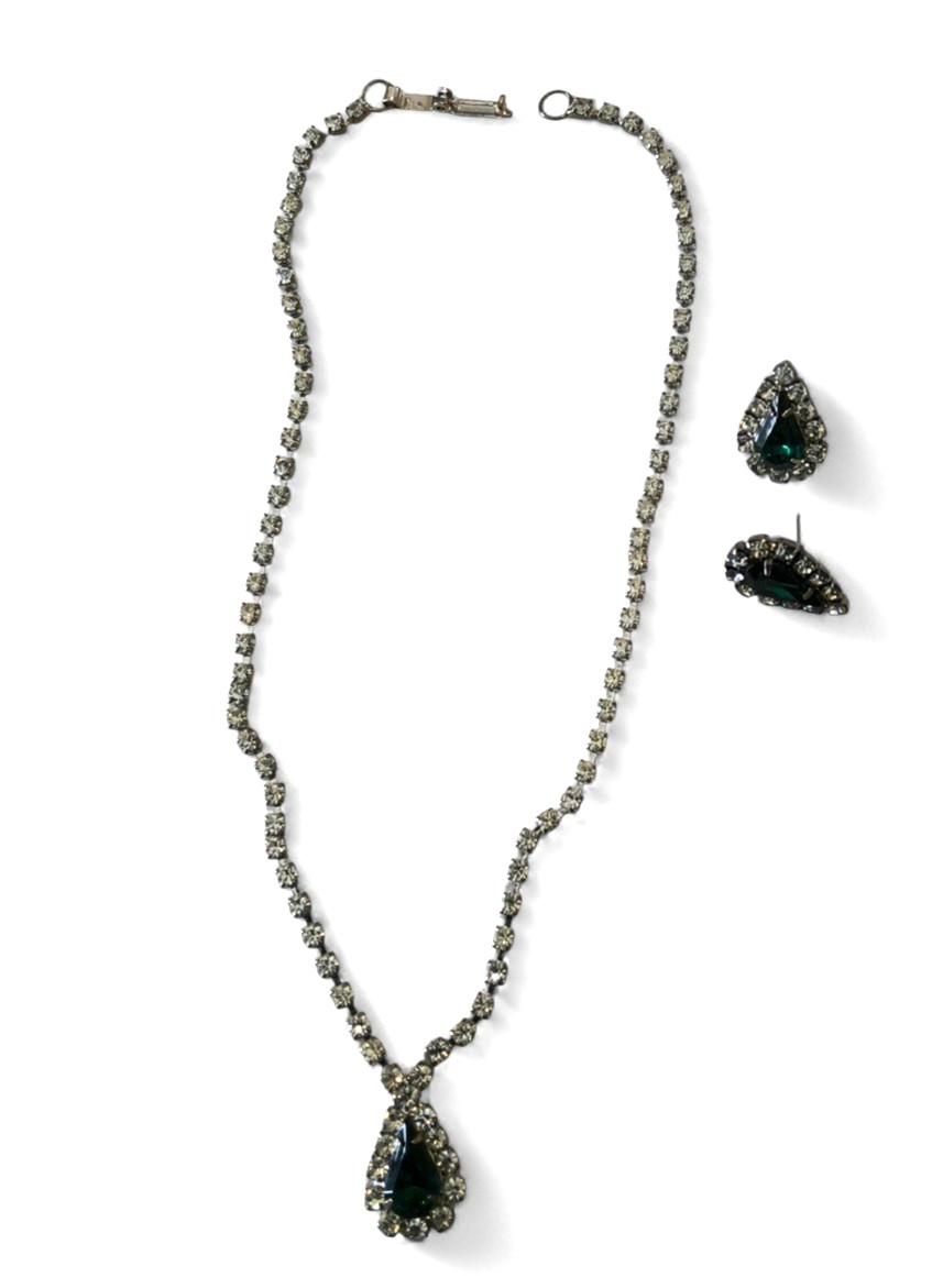 Vintage Rhinestone Choker Neckace/Earrings Set Green Teardrop Silver Tone Bridal