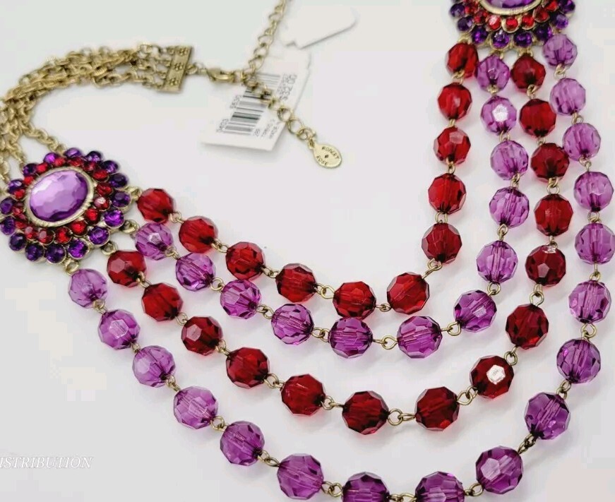 Robert Rose Purple & Red Beaded Necklace 4 Row Layered Collar Vintage WIDE 21 in