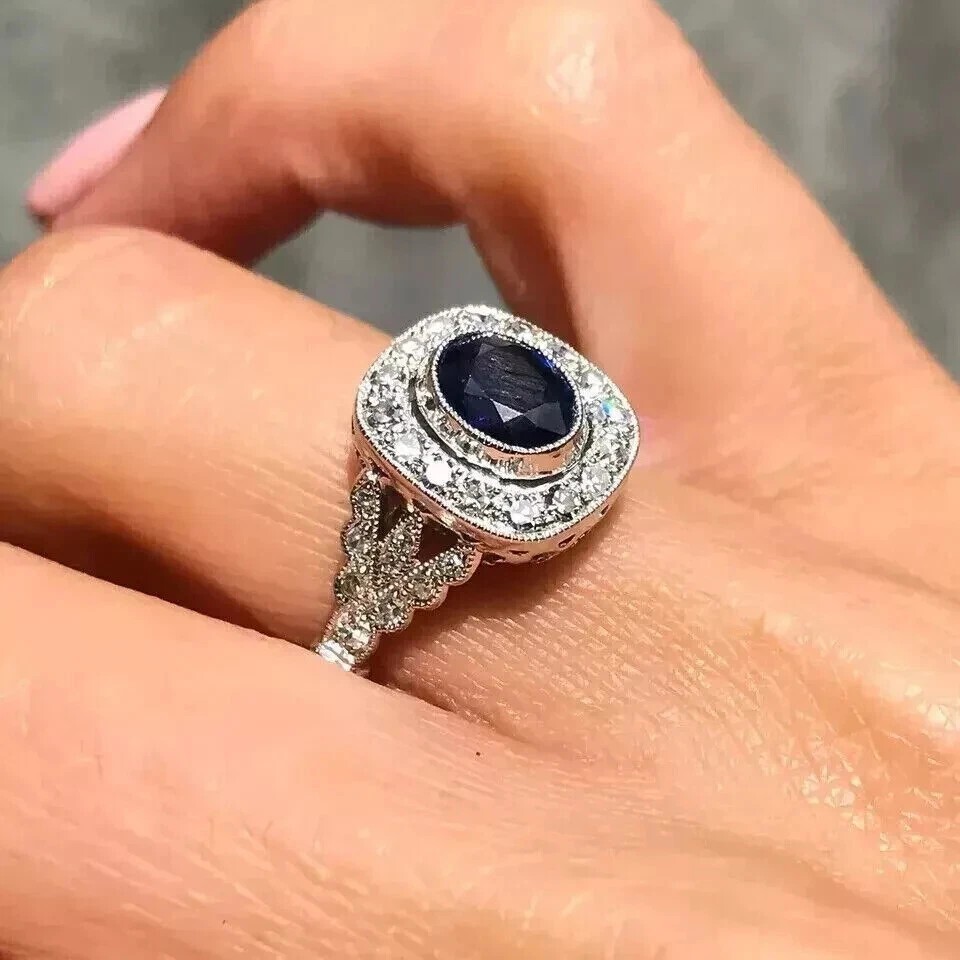 Art Deco 2.25Ct Oval Sapphire & Lab Created Diamond 925 Silver Engagement Ring