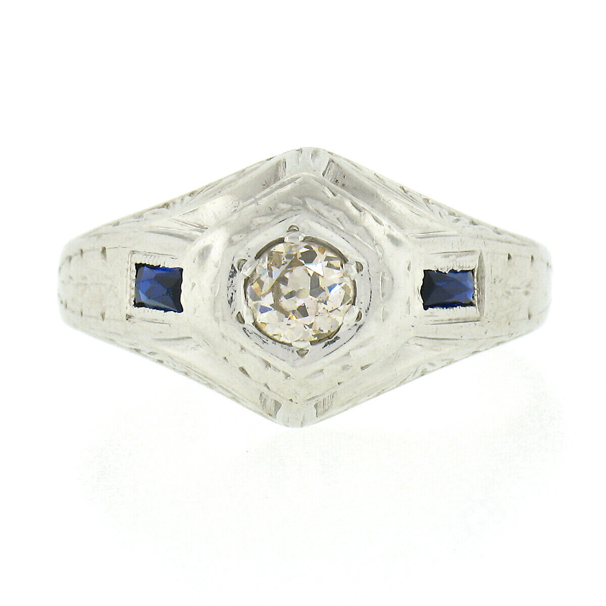 Antique Art Deco 14k White Gold European Diamond & Sapphire Hand Engraved Ring