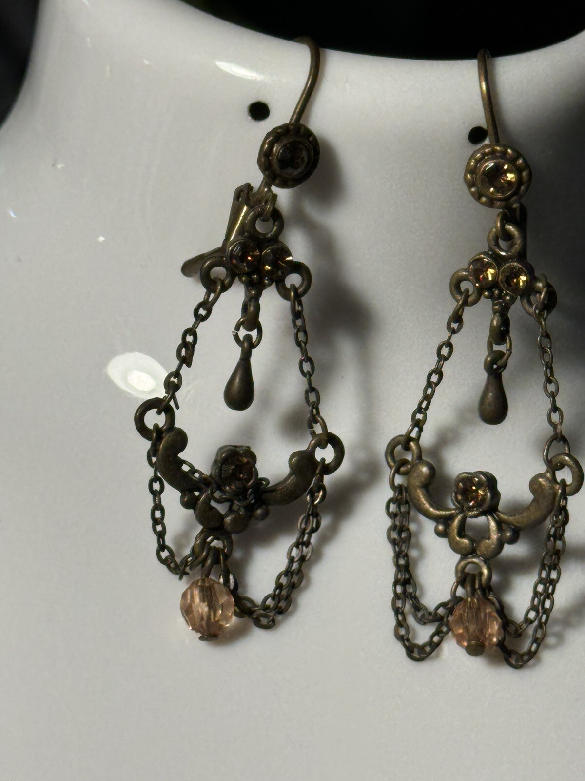 Antique Chandelier Peach Beads Earrings Alloy Metal Self Clasp Beautiful 2inch