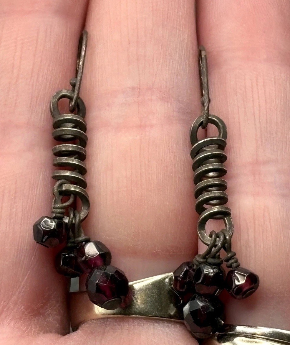 Rare Victorian Sterling Silver Bohemian Red Garnet Corkscrew Dangle Earrings