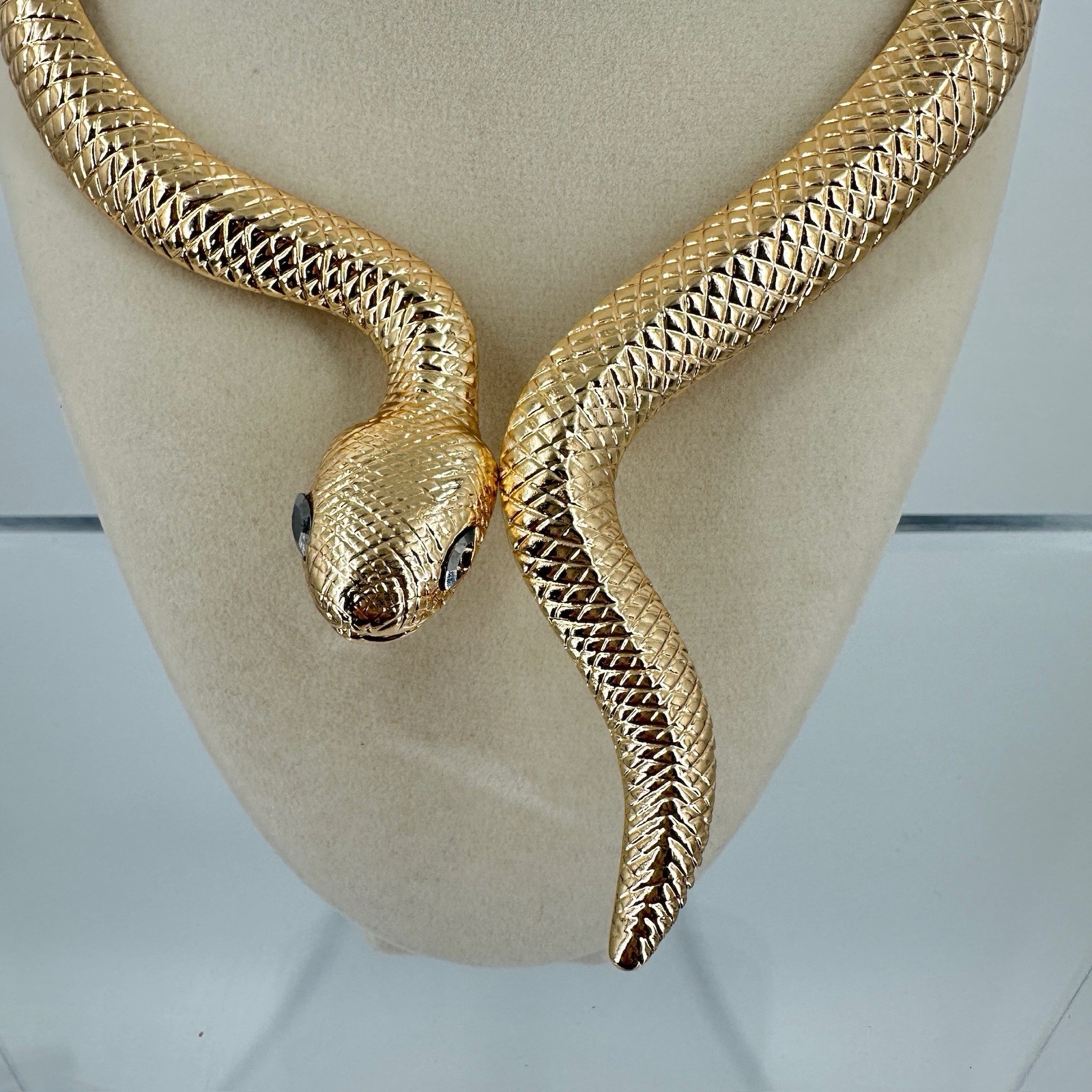 Vtg Snake Choker Necklace Black Eyes Gold Tone Rhinestone Egyptian Revival