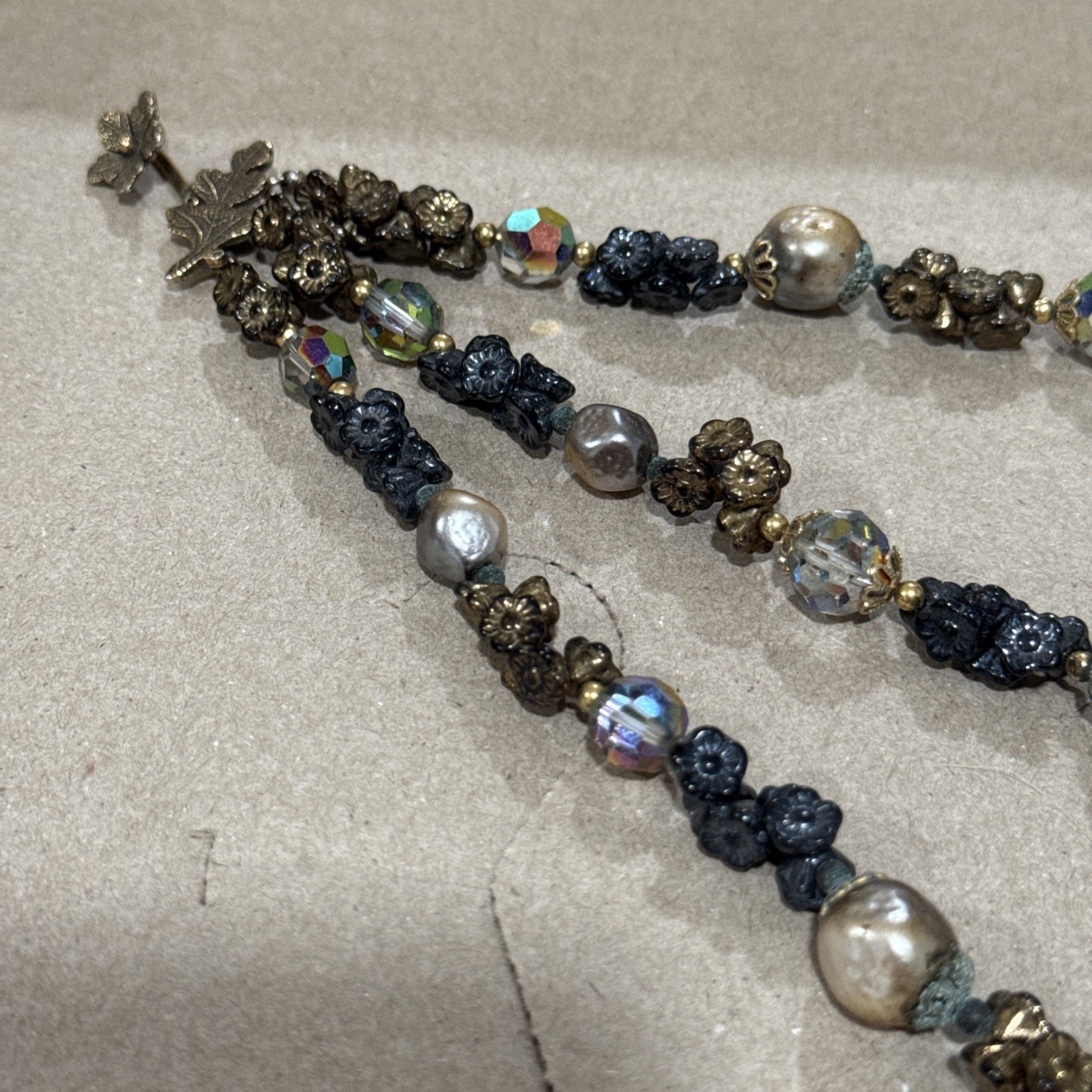 VTG Vendome 3 Strand Necklace & Bracelet Set Art Glass, Pearls, & Flower