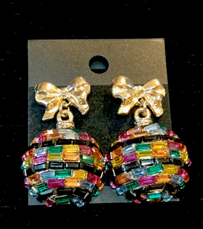 Vintage Glass Beaded Multi Color Gold Tone Holiday Ornament Drop Earrings-Rare!