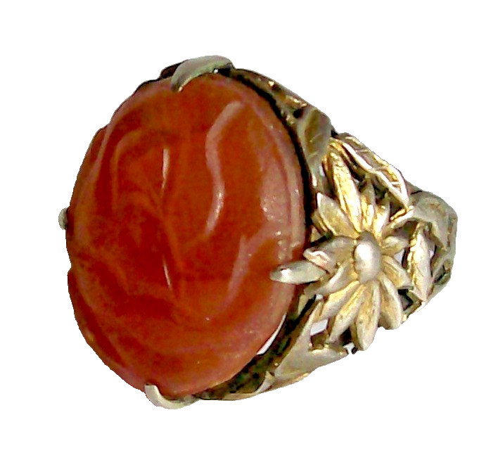 Vintage ANTIQUE CHINESE Export Carved CARNELIAN SILVER RING-ADJUSTABLE