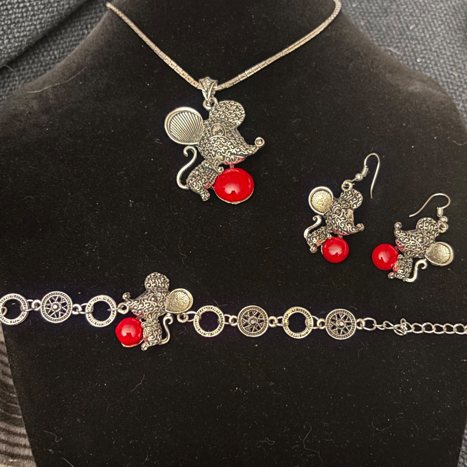 RARE vintage monet silver tone mouse jewelry 3 pc set