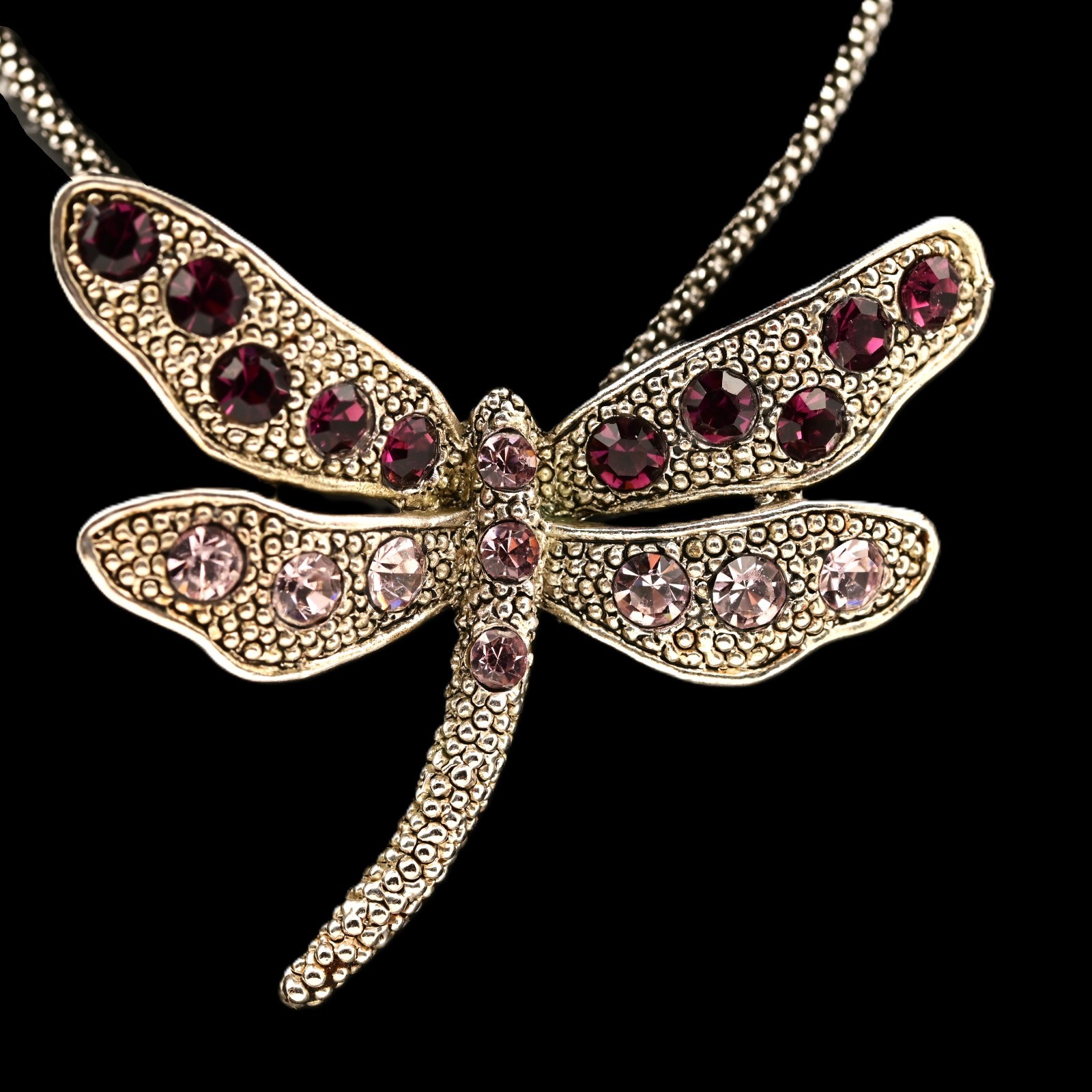 Vintage Original Sterling Silver Pink Gemstone Dragonfly Pendant Estate Necklace