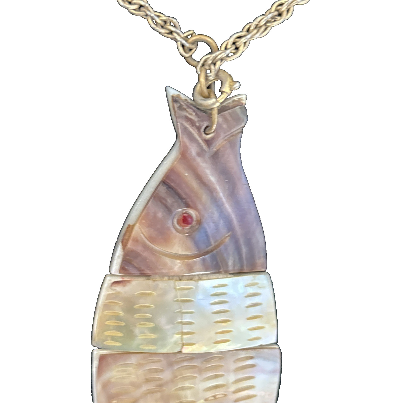 Natural Reversible Mother of Pearl Abalone Segmented Fish Pendant Jewelry 5 1/4″