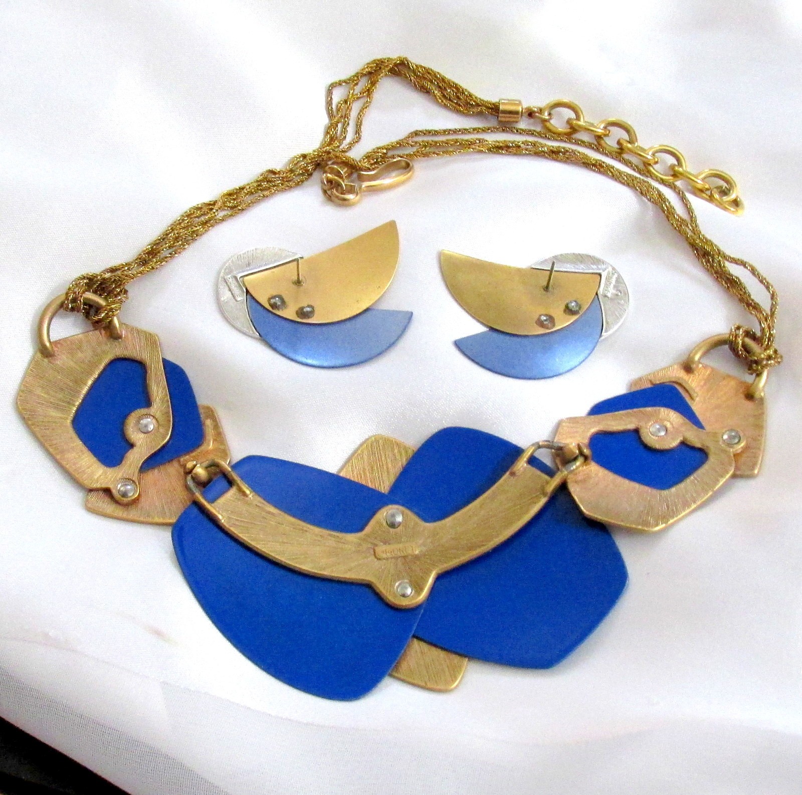 VTG RUNWAY DECO MONET “ALL THAT JAZZ” METALLIC BLUE GP NECKLACE EARRINGS ’85