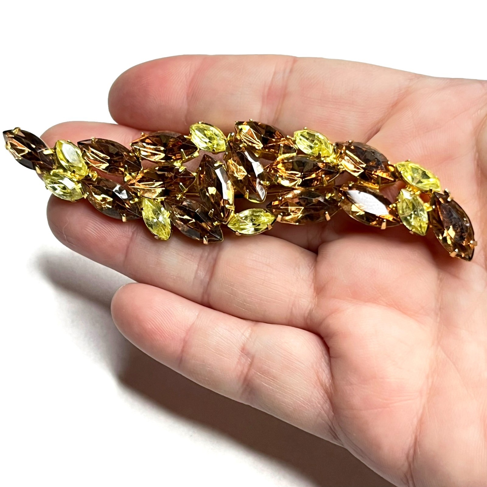 Large VTG Juliana? Leaf Flame Swoosh Brown Yellow Navette Rhinestone Pin Brooch