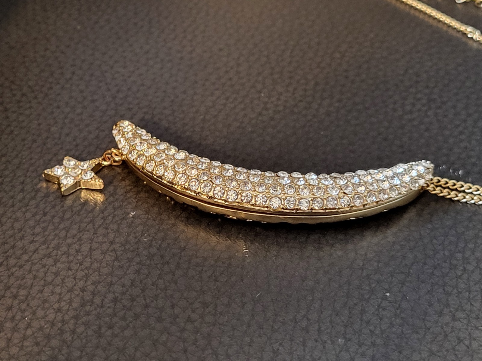 Vintage Gold tone Crescent Moon and Star Necklace with clear stones
