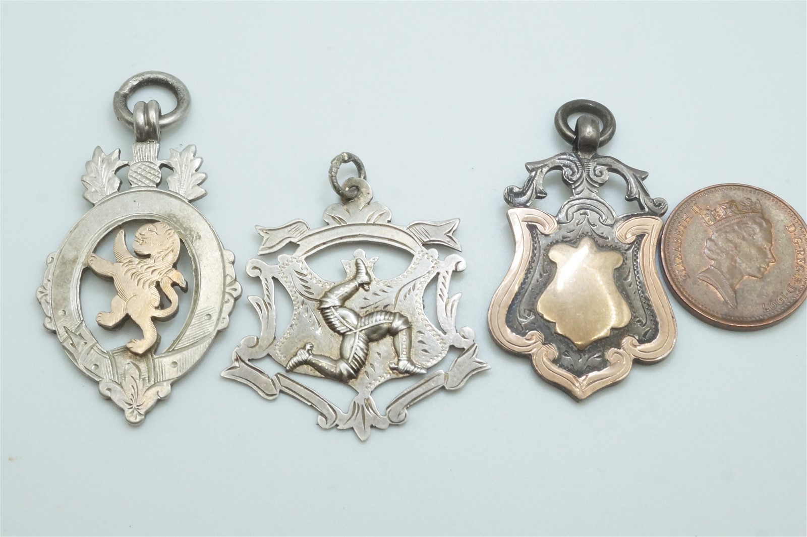 3 x ANTIQUE ENGLISH STERLING SILVER GOLD SHIELD FOB MEDALS / DOG TAGS