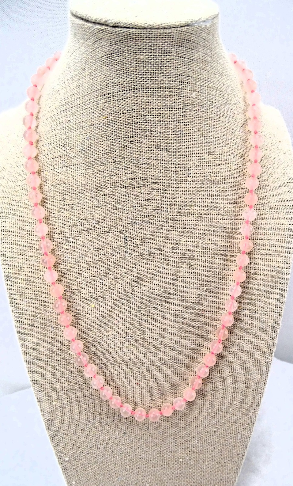 Pink 20” Bead Necklace, 6mm Beads, Hand Knotted, Gold-tone Clasp