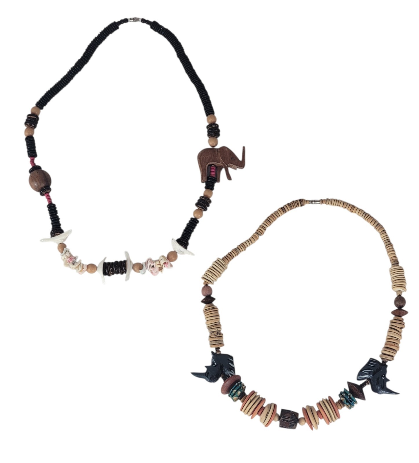 2 Vtg African Carved Wood Safari Necklaces Elephant Rhino Shell Discs Beads Boho