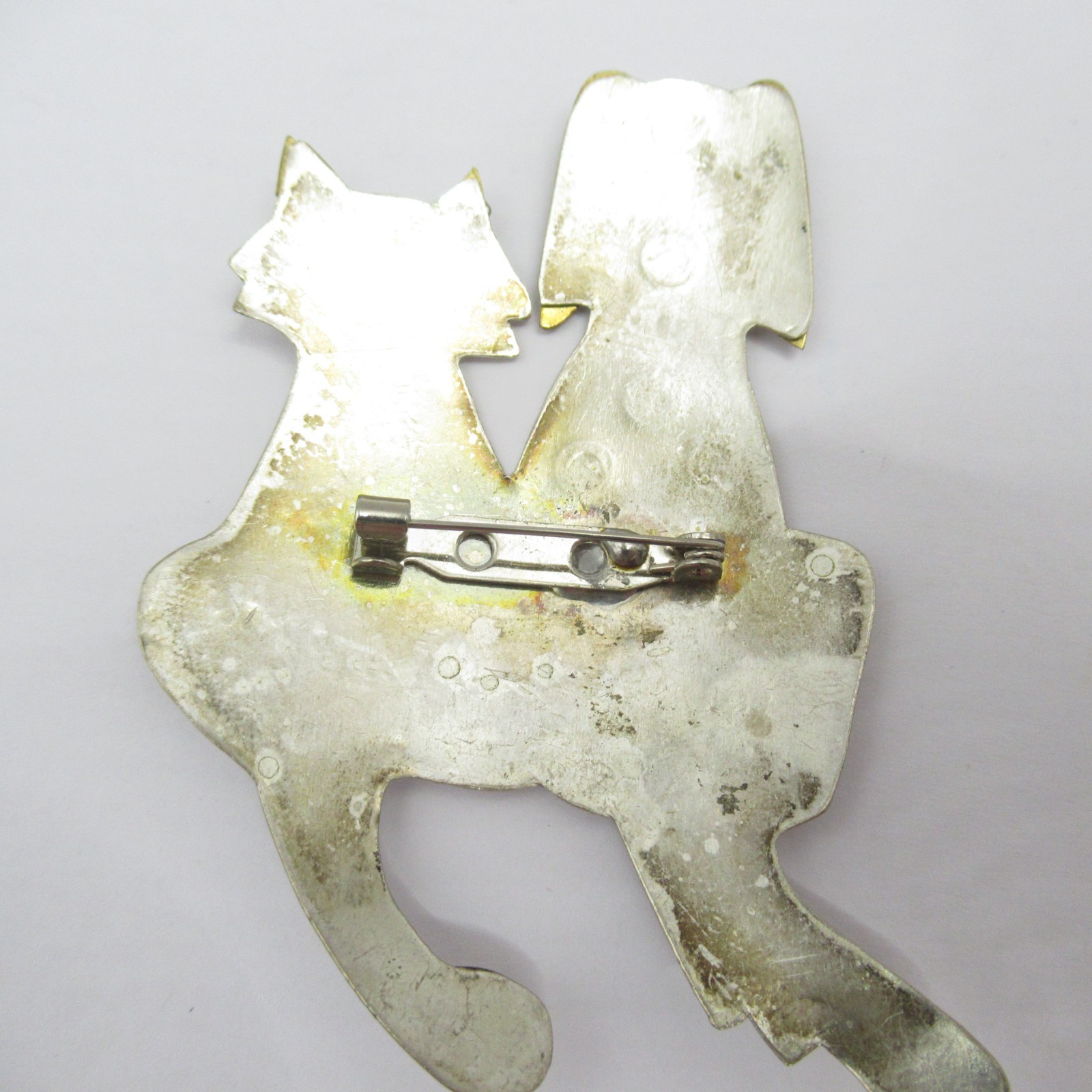 Silver Gold Tone Brass Plated Dog Cat Back Vintage Handcrafted Brooch Pin
