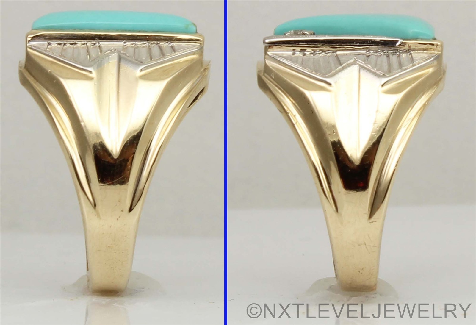 Antique SIGNED Art Deco Robin’s Egg Turquoise & Diamond 10k Solid Gold Mens Ring