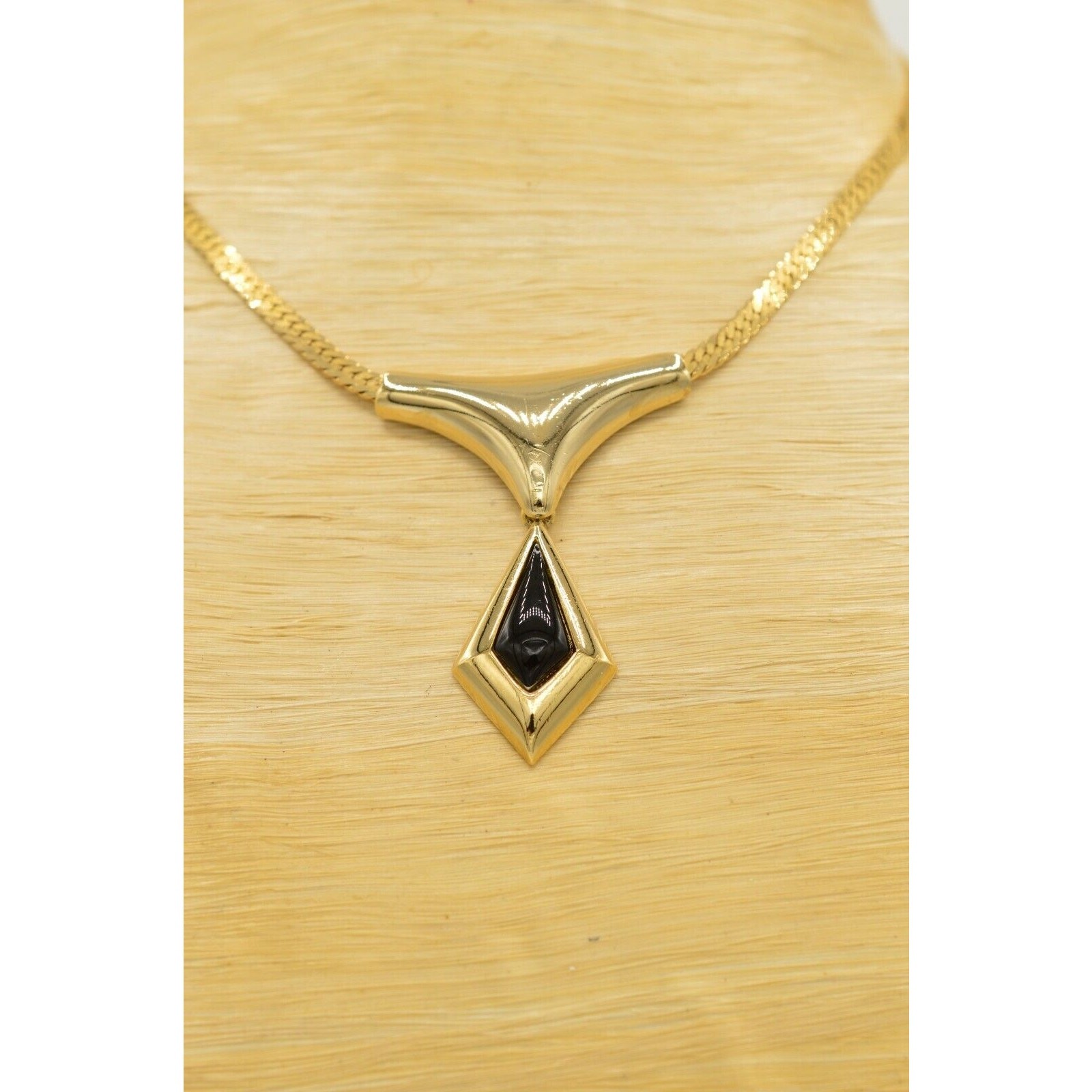 Vintage Statement Necklace Collar Gold Chain Black Dangle Pendant 1980s Bin2